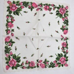 Vintage Pink Roses Handkerchief White Cotton Scalloped Edge Made In Shanghai